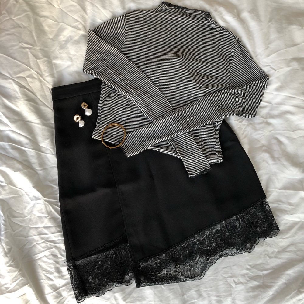 Mango MNG Black Asymmetrical Lace Trim Skirt